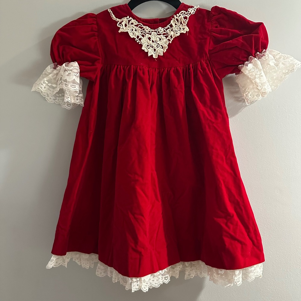 Jo Lene Velvet Lace Dress Kids 6 Red Vintage Holiday Puff Sleeve‎ USA Christmas